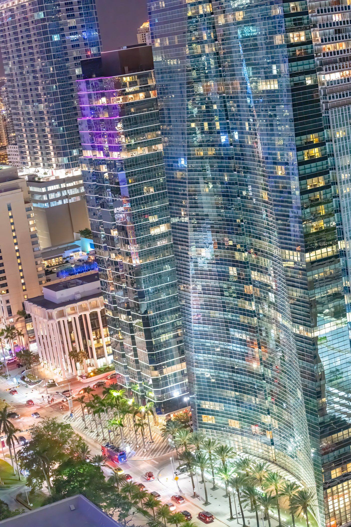 Aerial view of downtown Miami skyscrapers at night