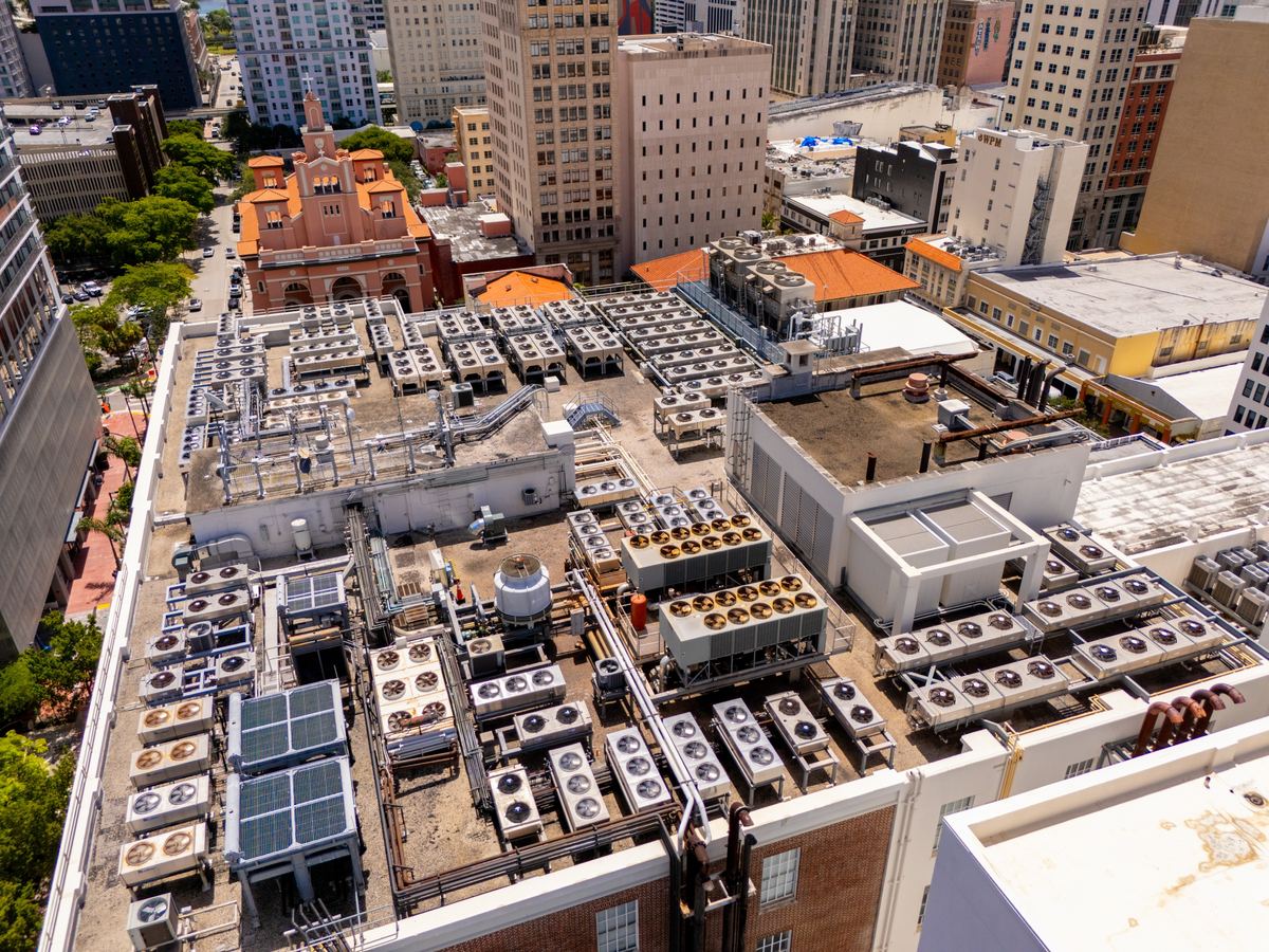 Rooftop packed with air conditioning units above downtown Miami